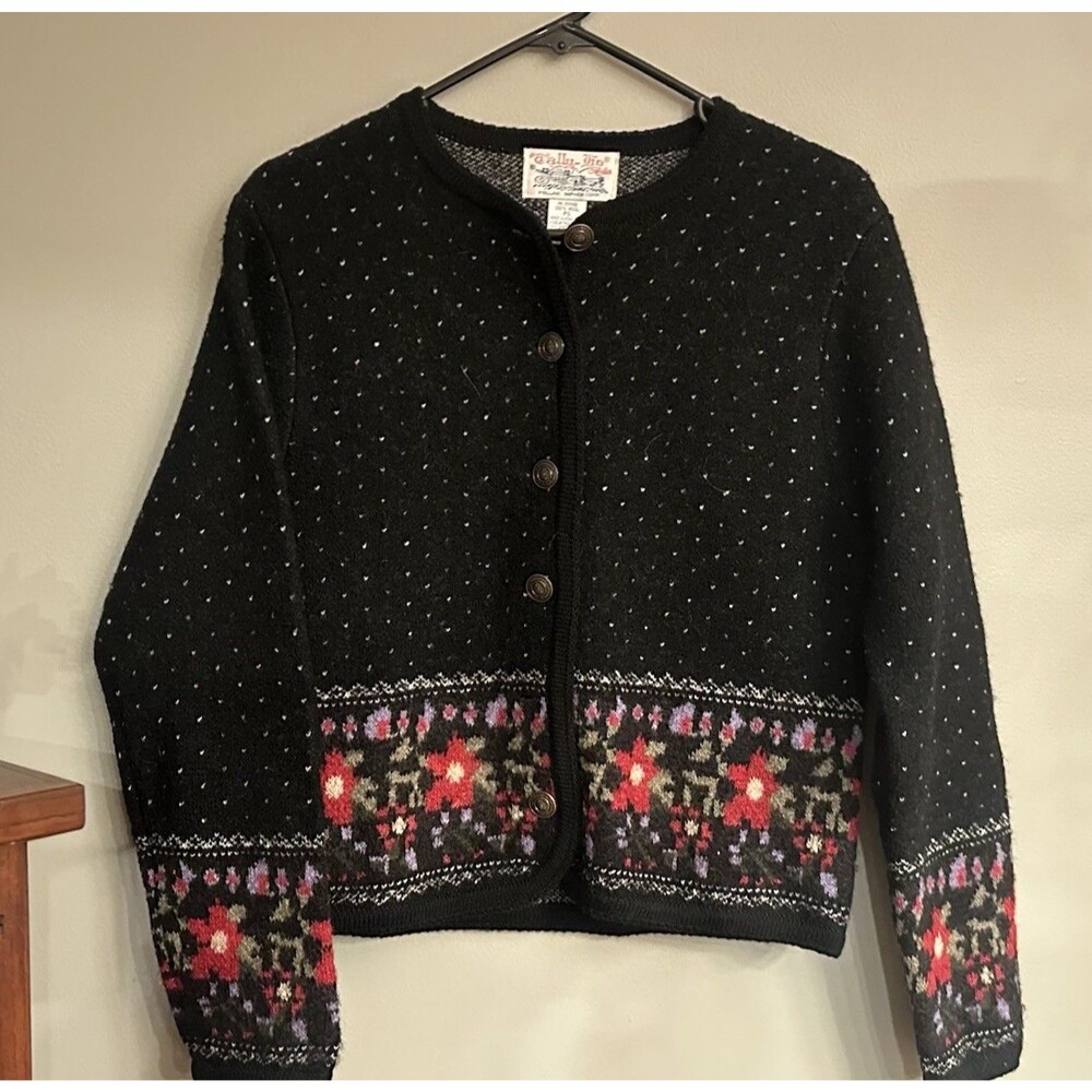Vtg TALLY-HO 100% Wool Cardigan Small Petite Scandinavian Fair Isle Sweater